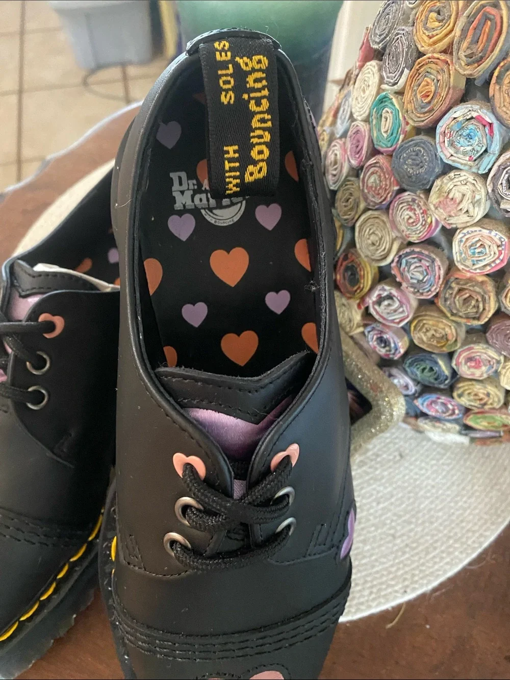 Dr. Martens Black Leather Platform Oxfords with Pink Heart Cutouts